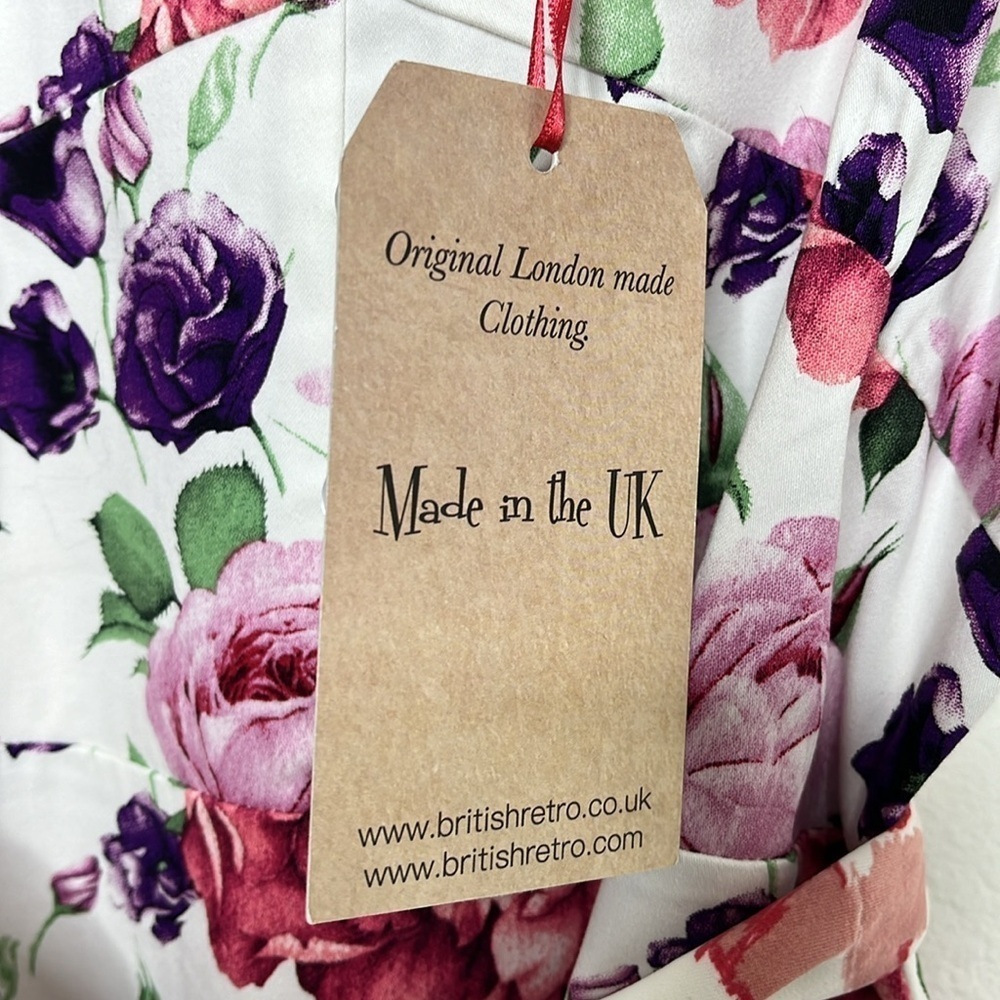 New British Retro White Rose Puffed Sleeve Dress Women Size UK 14 / US 10 - Picture 4 of 9